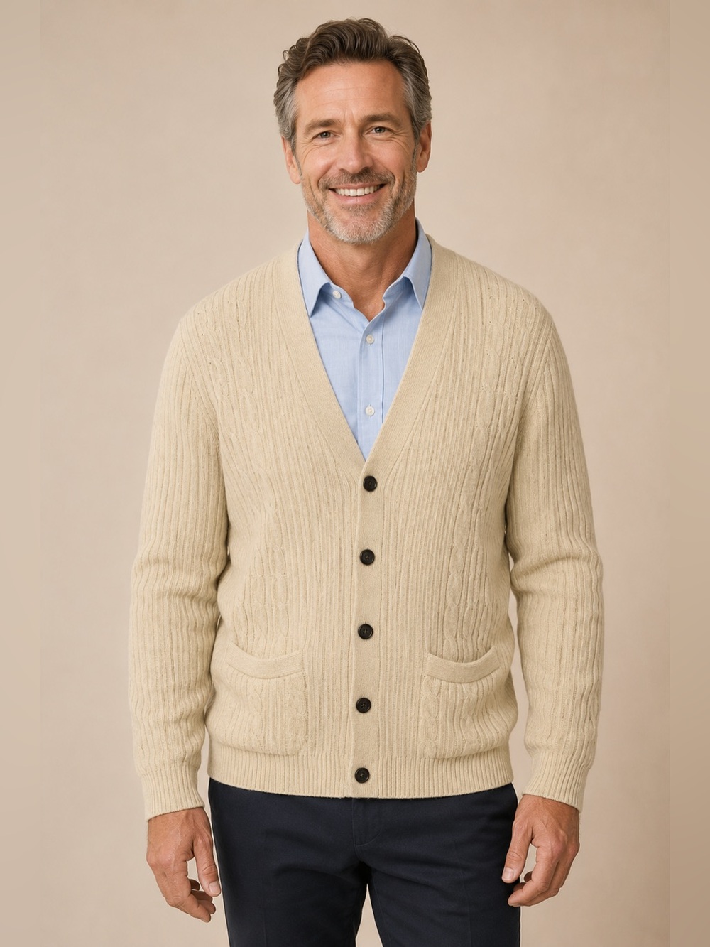 John Blair Men Button Cardigan Cable Knit Sweater Button Down V-Neck Size Large